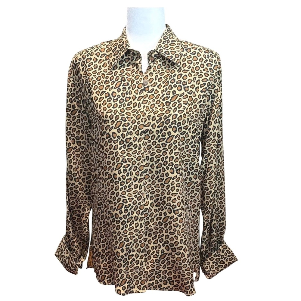 Erez Levy Womens 8 Silk Leopard Shirt Vintage 90s Shoulder Pads Animal Print